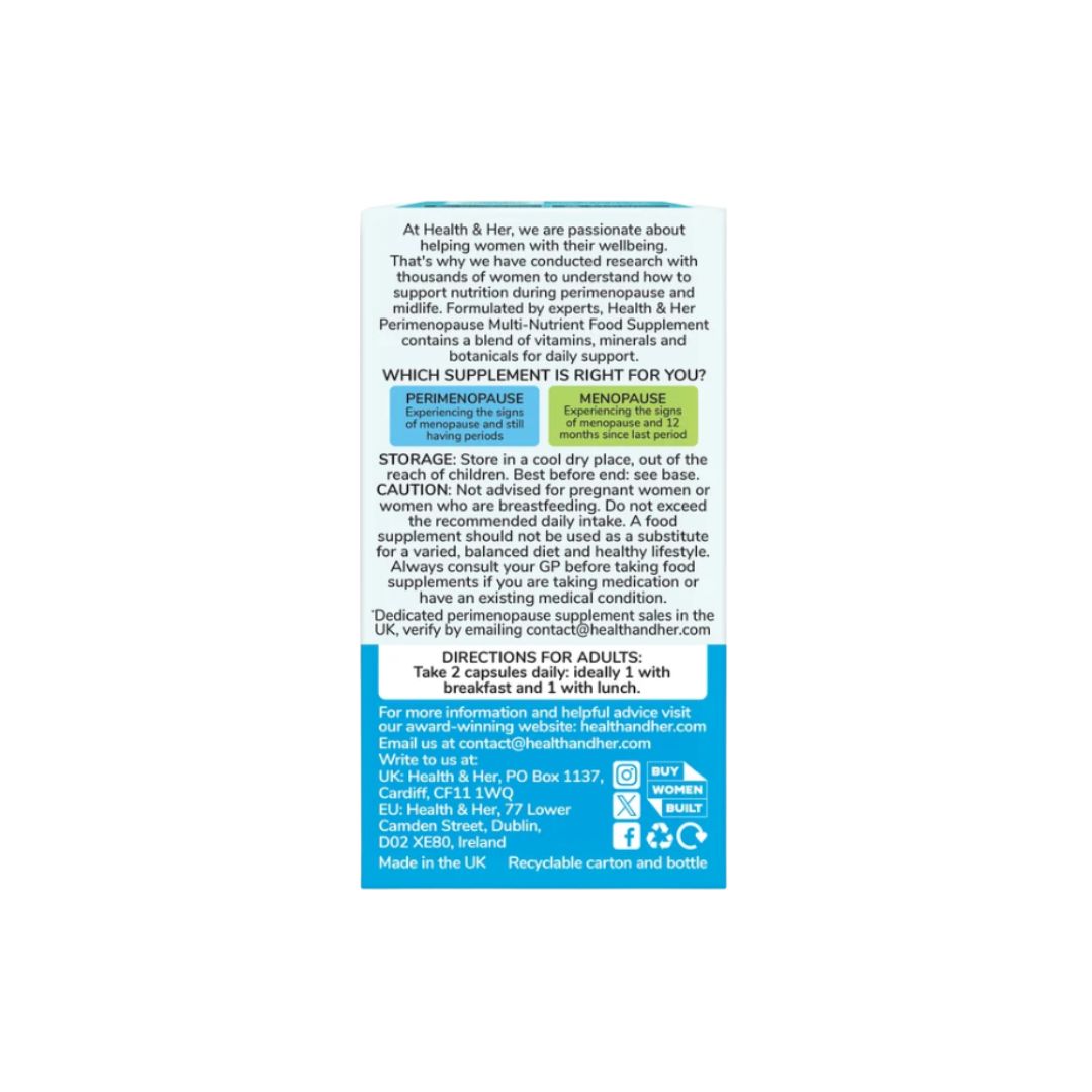 Health & Her Multi-Nutrient Perimenopause Support packaging side with storage and dosage information