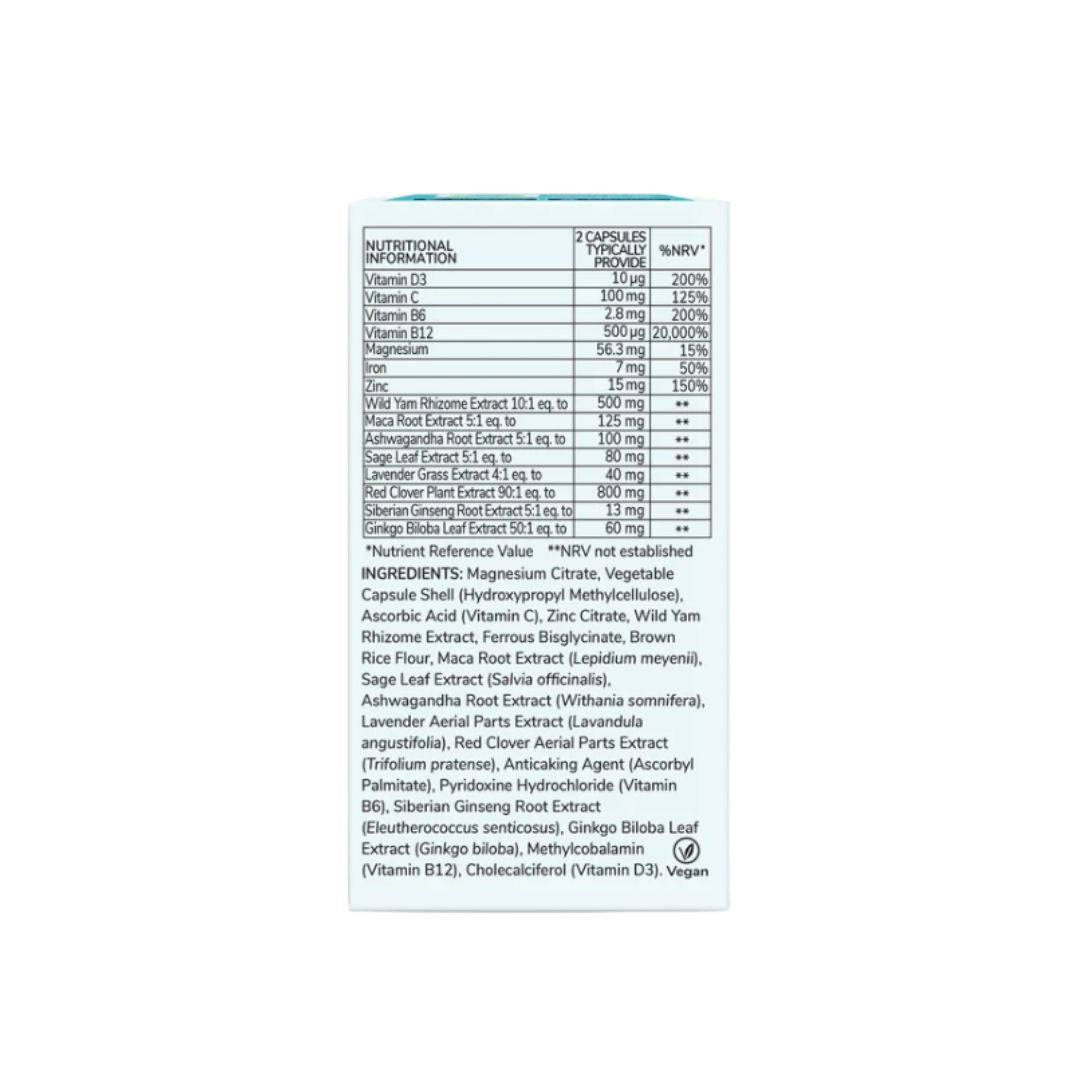 Health & Her Multi-Nutrient Perimenopause Support side pf packaging which details nutritional information