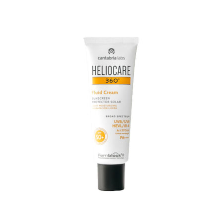 A white squeeze tube of Cantabria Labs Heliocare 360° Fluid Cream sunscreen with a black cap, shown on a plain white background.