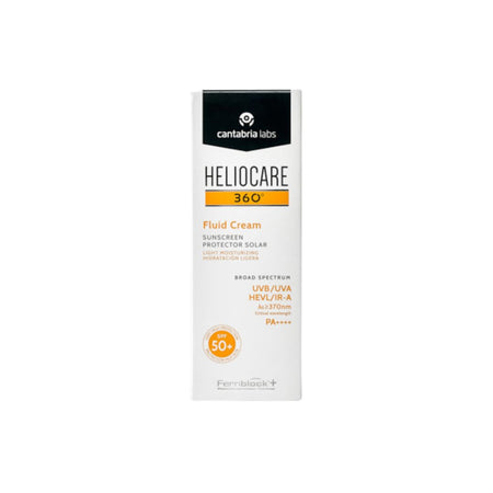 A tall white rectangular box of Cantabria Labs Heliocare 360 Fluid Cream sunscreen, featuring black and orange text and accents on a plain white background.