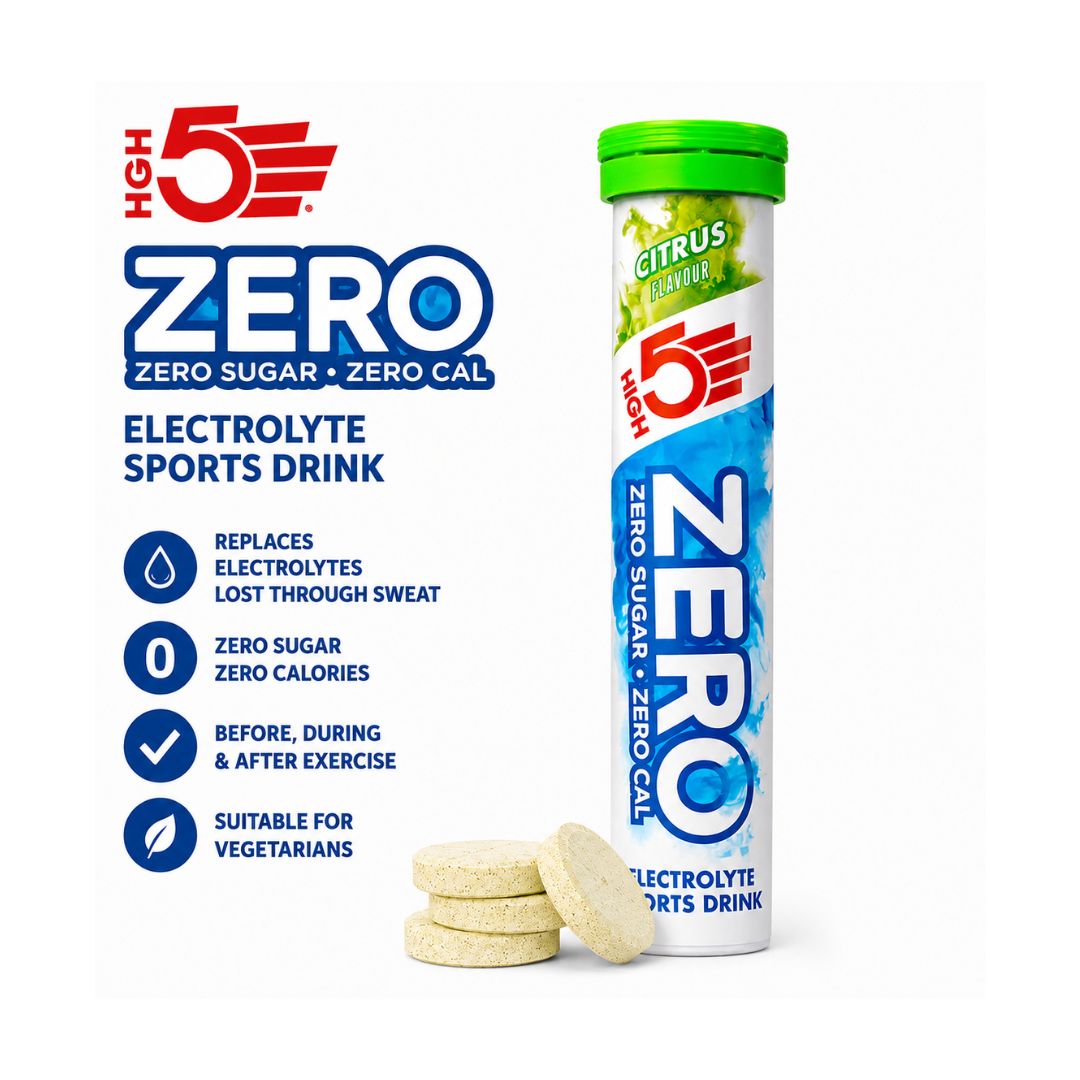 HIGH5 Zero Citrus Electrolyte Drink Tablets product information graphic on a white background