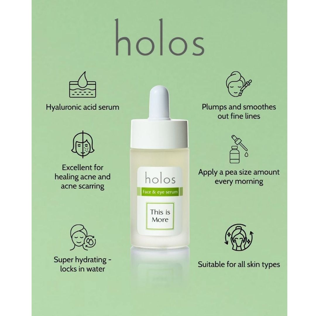 Holos Facial & Eye Serum product benefits graphic on a green background