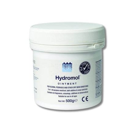 A 500g white plastic jar of Hydromol Ointment with a ribbed screw-on lid, shown on a plain white background.