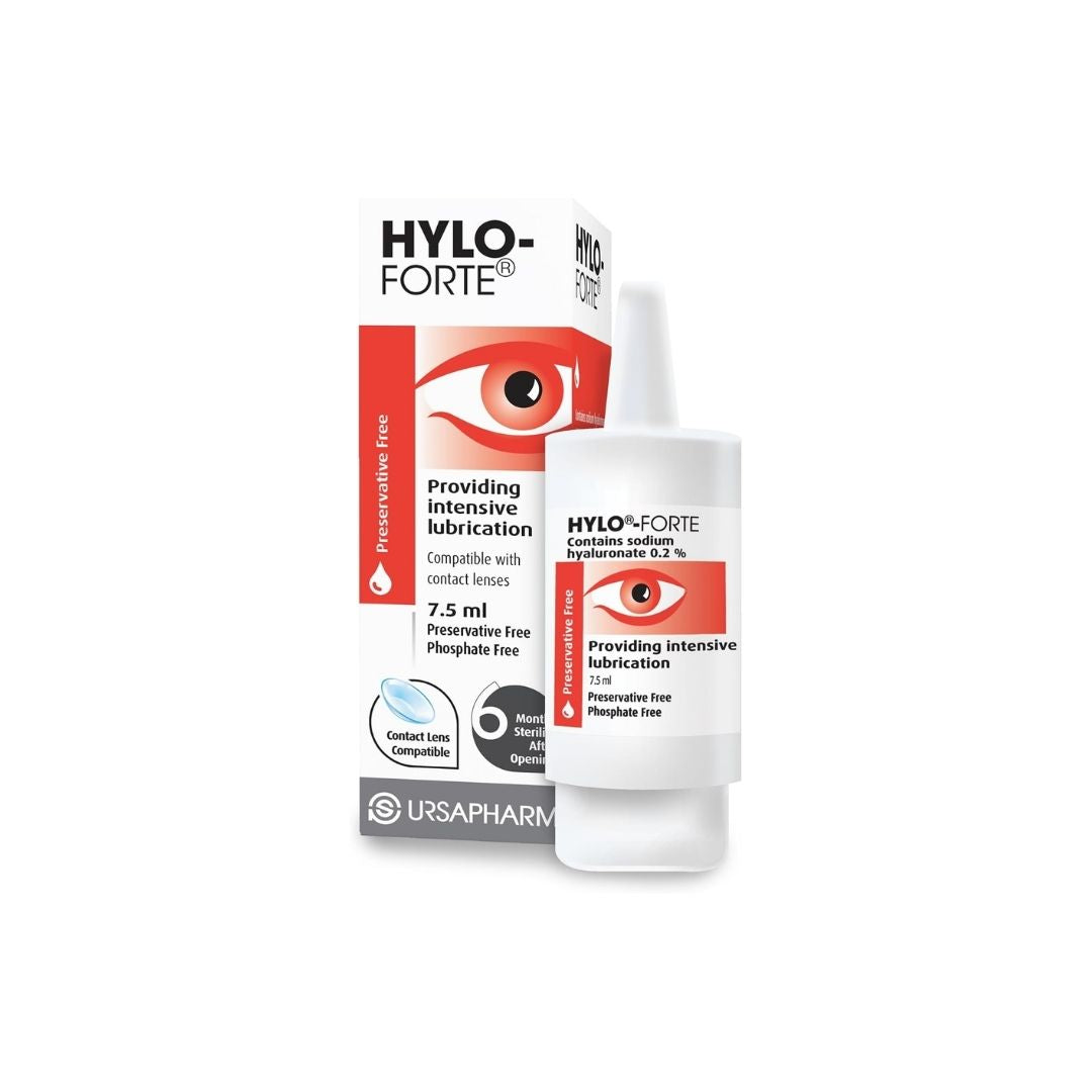 Hylo Forte Lubricating Eye Drops 7.5ml dropper and packaging on a white background