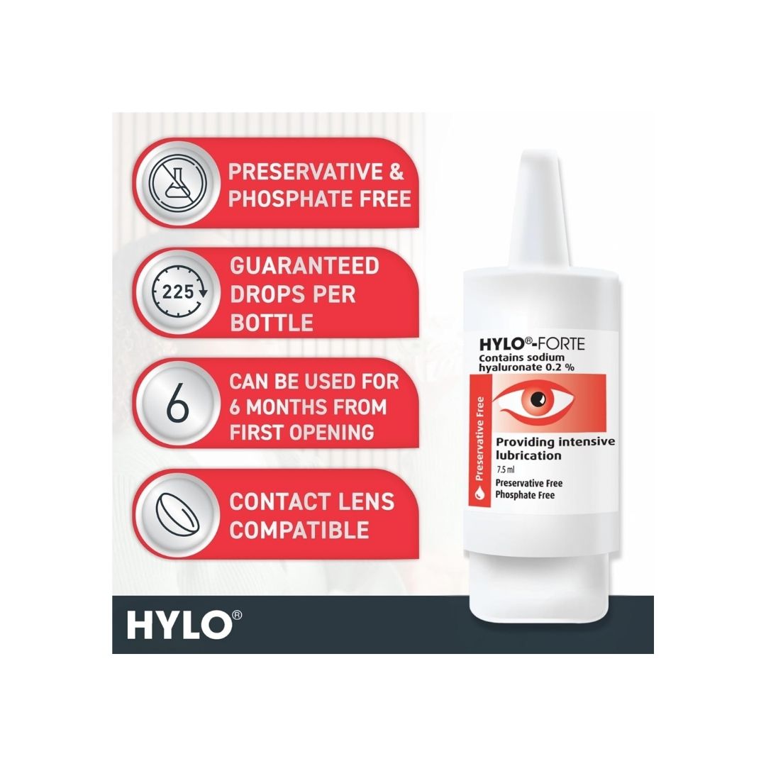 Hylo Forte Lubricating Eye Drops 7.5ml product detail graphic with an image of the dropper on a cream background