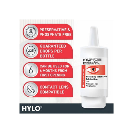 Hylo Forte Lubricating Eye Drops 7.5ml product detail graphic with an image of the dropper on a cream background