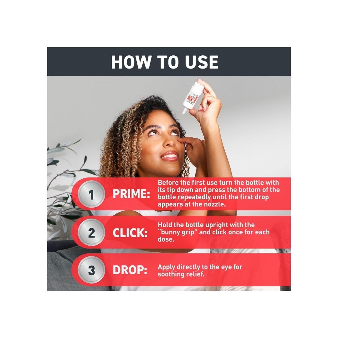 Hylo Forte Lubricating Eye Drops 7.5ml 'HOW TO Use' graphic on an image of a woman putting the eye drops into her eye