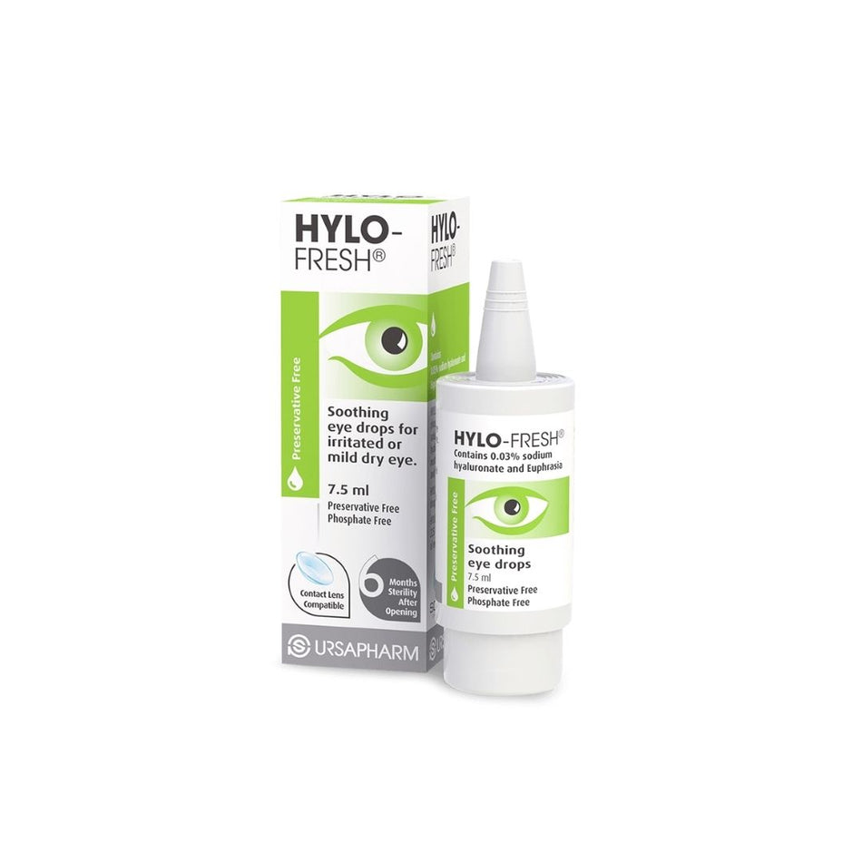 HYLO FRESH Lubricating Eye Drops 10ml dropper and packaging on a white background