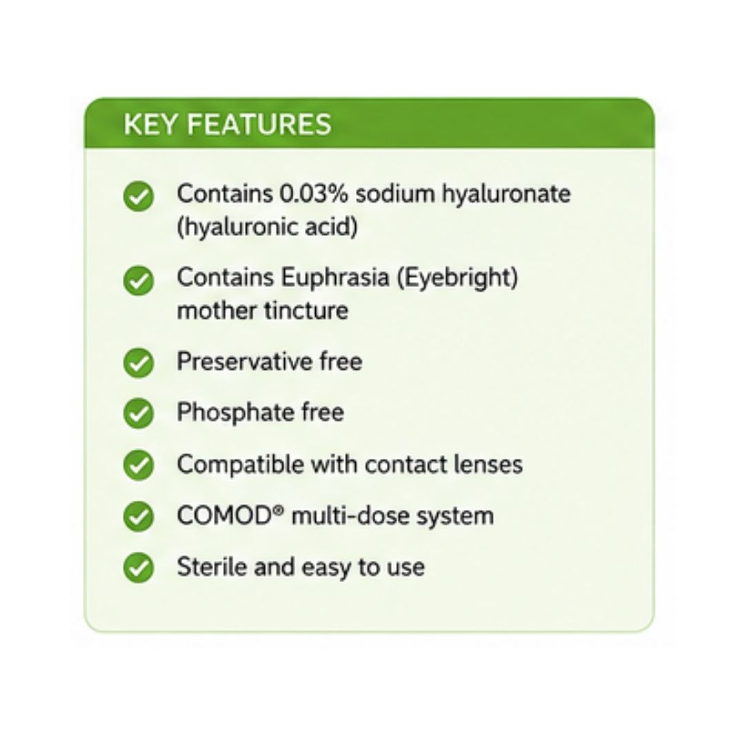 HYLO FRESH Lubricating Eye Drops 10ml 'KEY FEATURES' graphic on a pale green background
