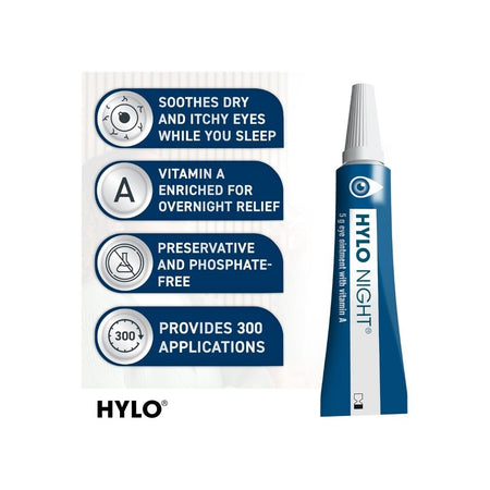 HYLO Night eye drops tube shown next to a white informational card detailing product benefits, on a plain white background.