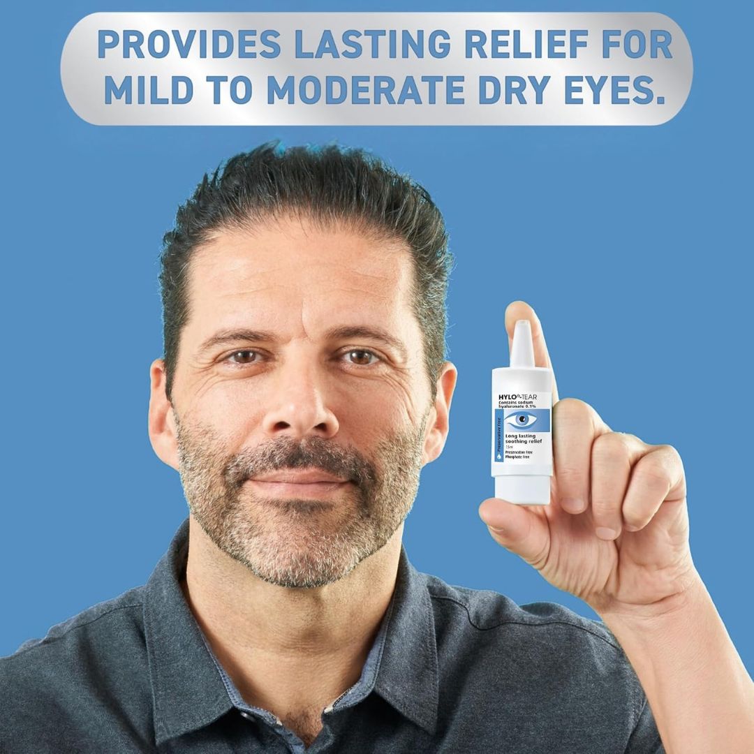 A man holding a small bottle of Meridian Optics Dry Eye Drops against a solid blue background, with a text banner at the top stating 'PROVIDES LASTING RELIEF FOR MILD TO MODERATE DRY EYES.'.