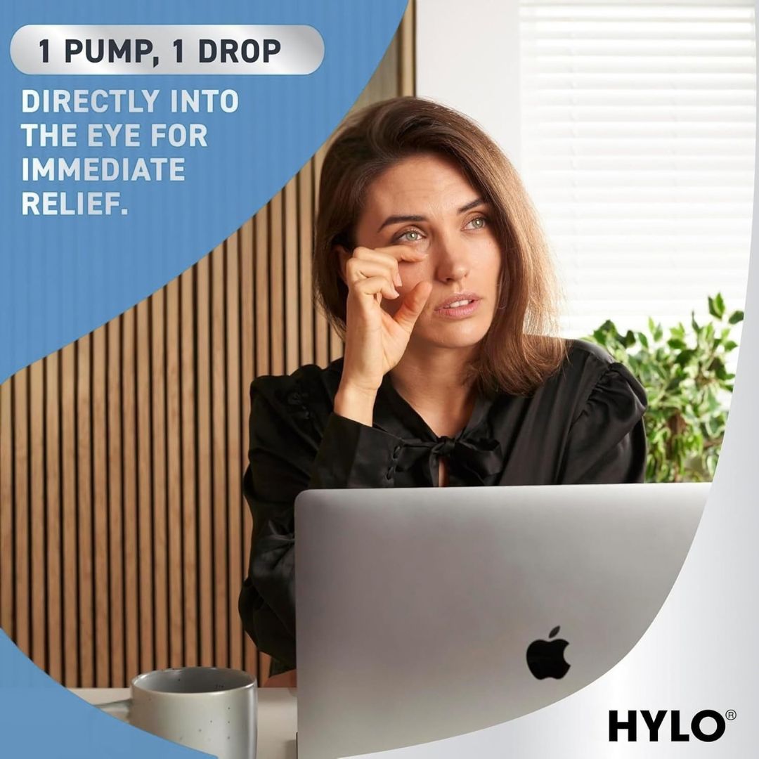 A woman in a black blouse sits at a desk using a silver laptop, with text reading '1 PUMP, 1 DROP' and 'DIRECTLY INTO THE EYE FOR IMMEDIATE RELIEF.' The HYLO logo appears in the bottom right corner.