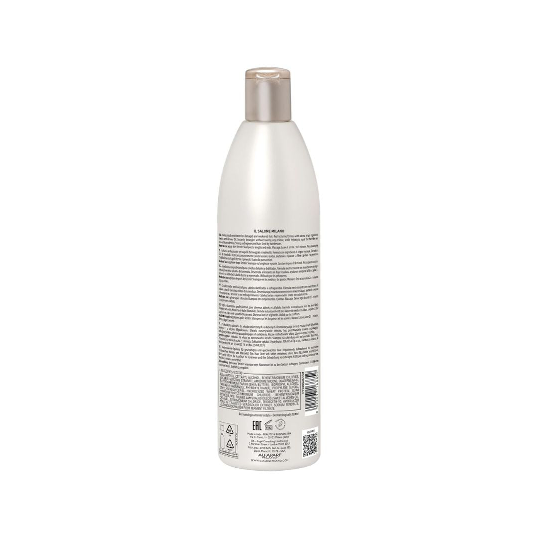 The back view of a tall, white plastic bottle with a metallic silver cap, featuring dense black text and regulatory labels on its side, set against a plain white background.