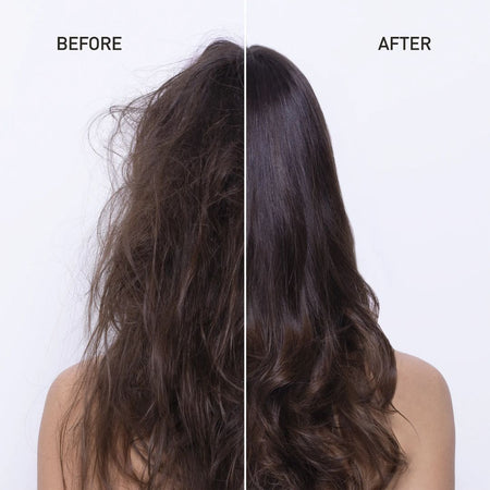 Before and after comparison of hair treatment on a person with long, wavy hair.