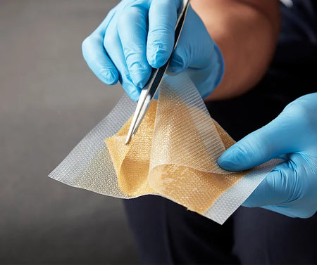 Close-up of hands wearing blue nitrile gloves holding a translucent, textured mesh sheet with tweezers over a dark gray background.