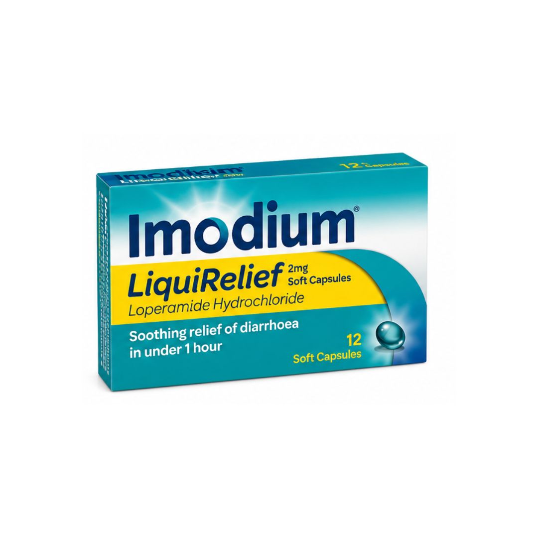 Imodium LiquiRelief 2mg 12 Soft Capsules packaging on a white background