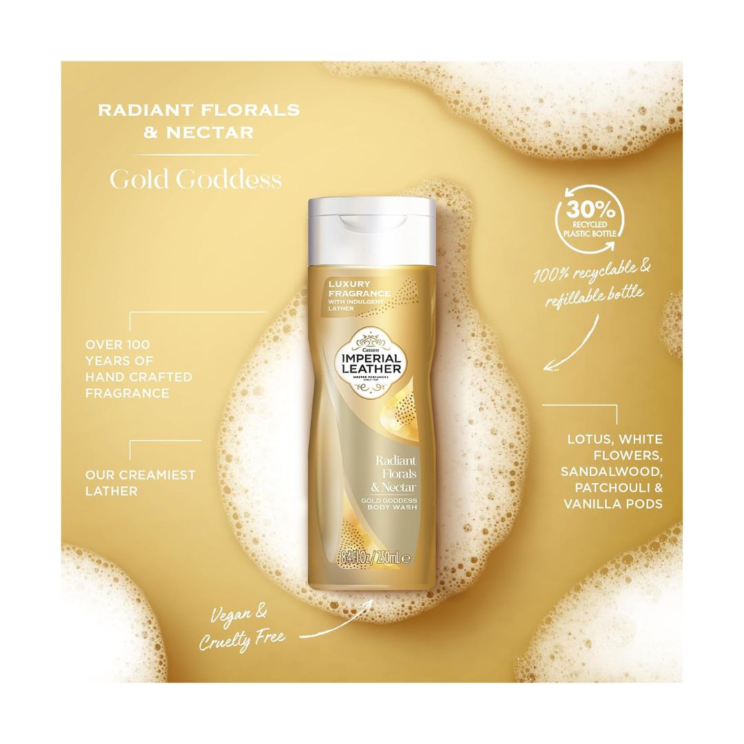 Imperial Leather Radiant Florals & Nectar Body Wash product information on a golden background with suds around the product bottle