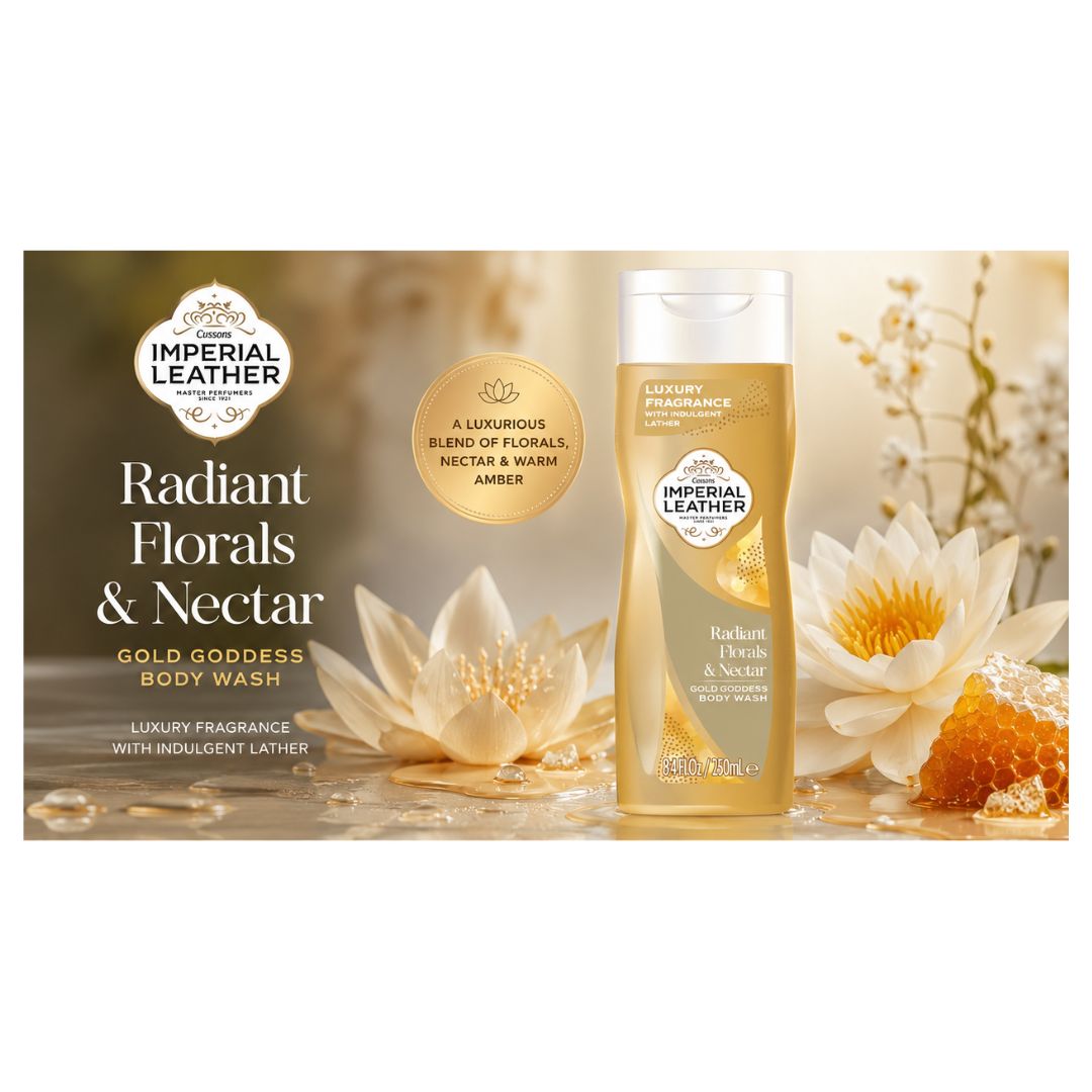 Imperial Leather Radiant Florals & Nectar Body Wash 250ml promotional graphic on a floral and honey background