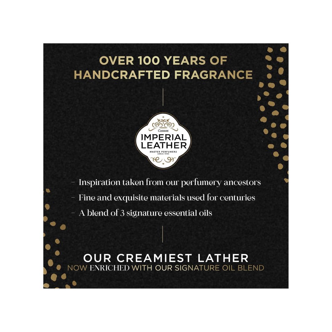 Imperial Leather Gentle Care Soap 4 Bars company information graphic on a black background