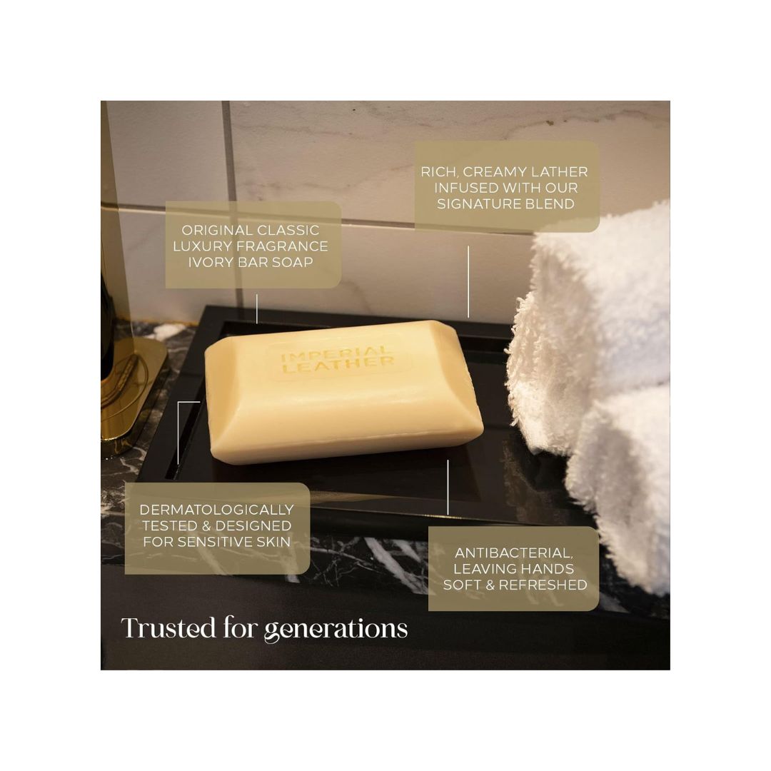 Imperial Leather Gentle Care Soap 4 Bars product information on an image of a soap bar in a bathroom