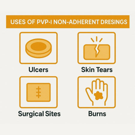Uses of PVP-I non-adherent dressings illustrated with icons and text on a white background.