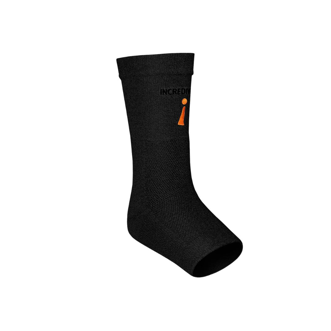 A single black athletic compression sock with a ribbed cuff, featuring the brand name 'INCREDIWEAR' and an orange logo on the side, set against a plain white background.