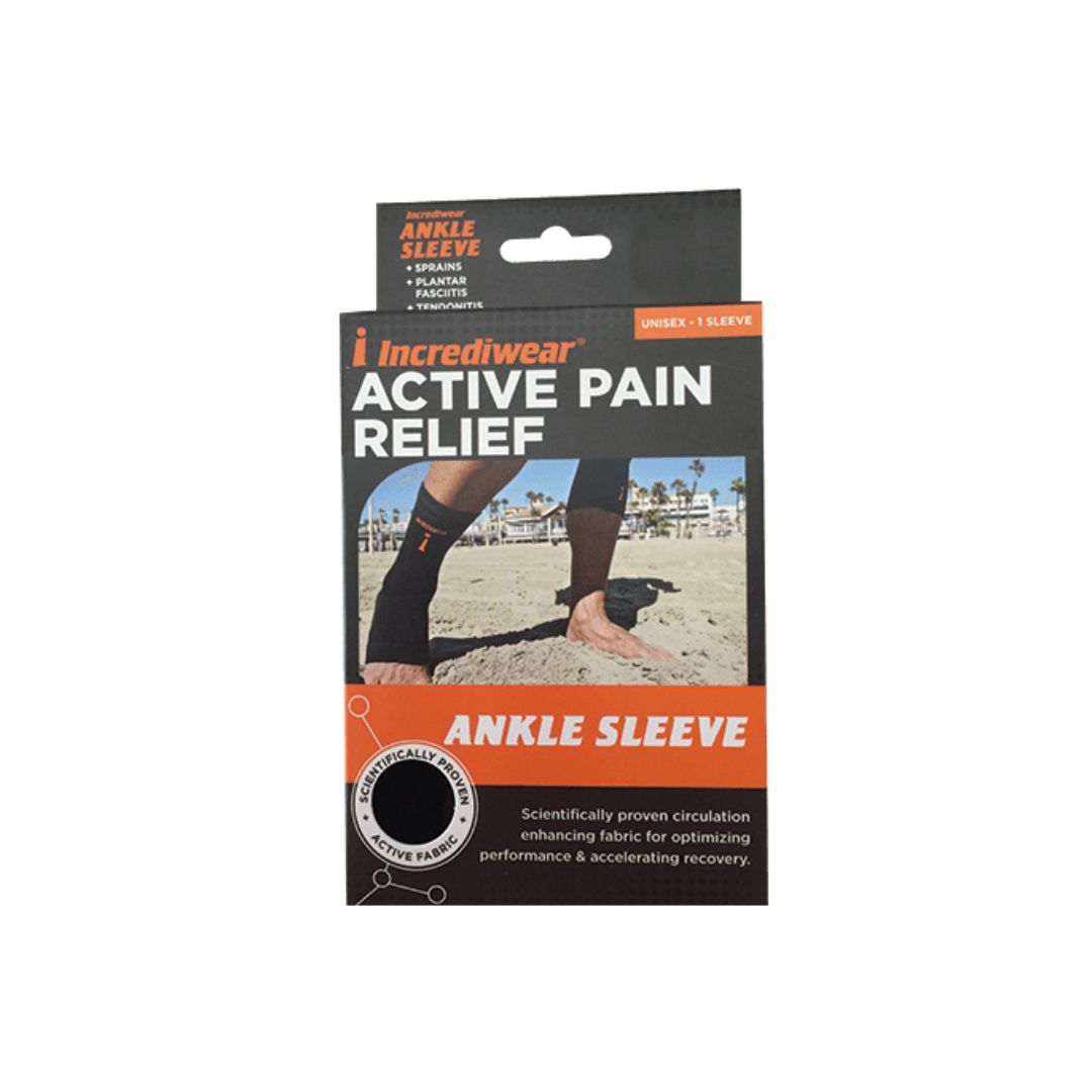 Incrediwear Active Pain Relief Ankle Sleeve packaging, featuring a black and orange design with a photo of a person wearing the sleeve on their ankle.