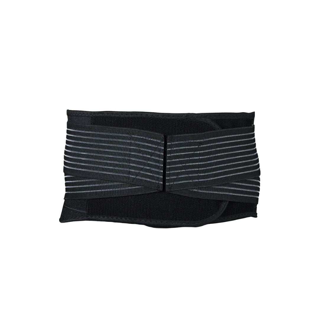 A black waist trainer belt with elasticated, striped bands, shown flat against a solid white background.