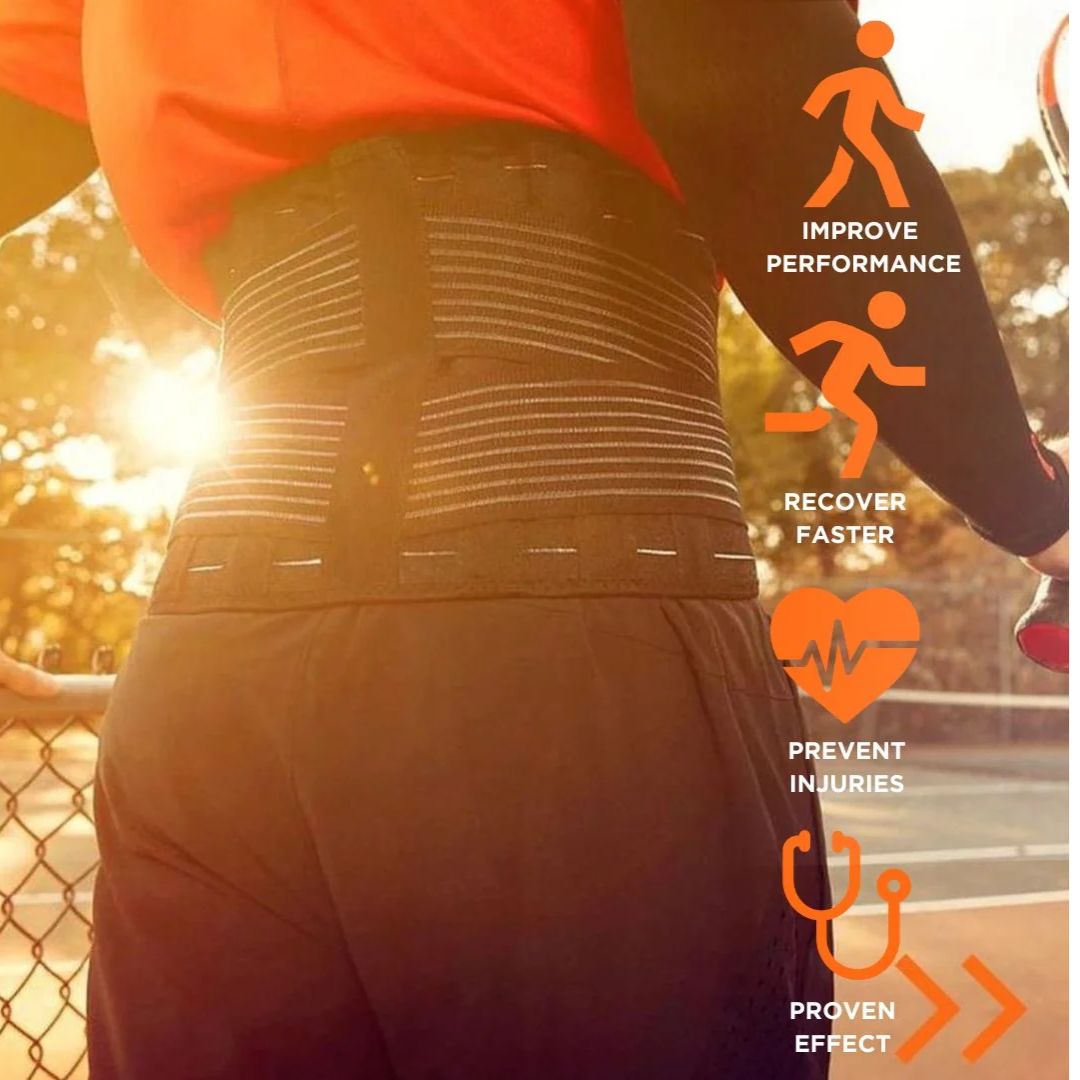 A person outdoors wearing a black athletic waist support belt over dark shorts, with orange graphic callouts on the right listing benefits: improve performance, recover faster, prevent injuries, and proven effect.