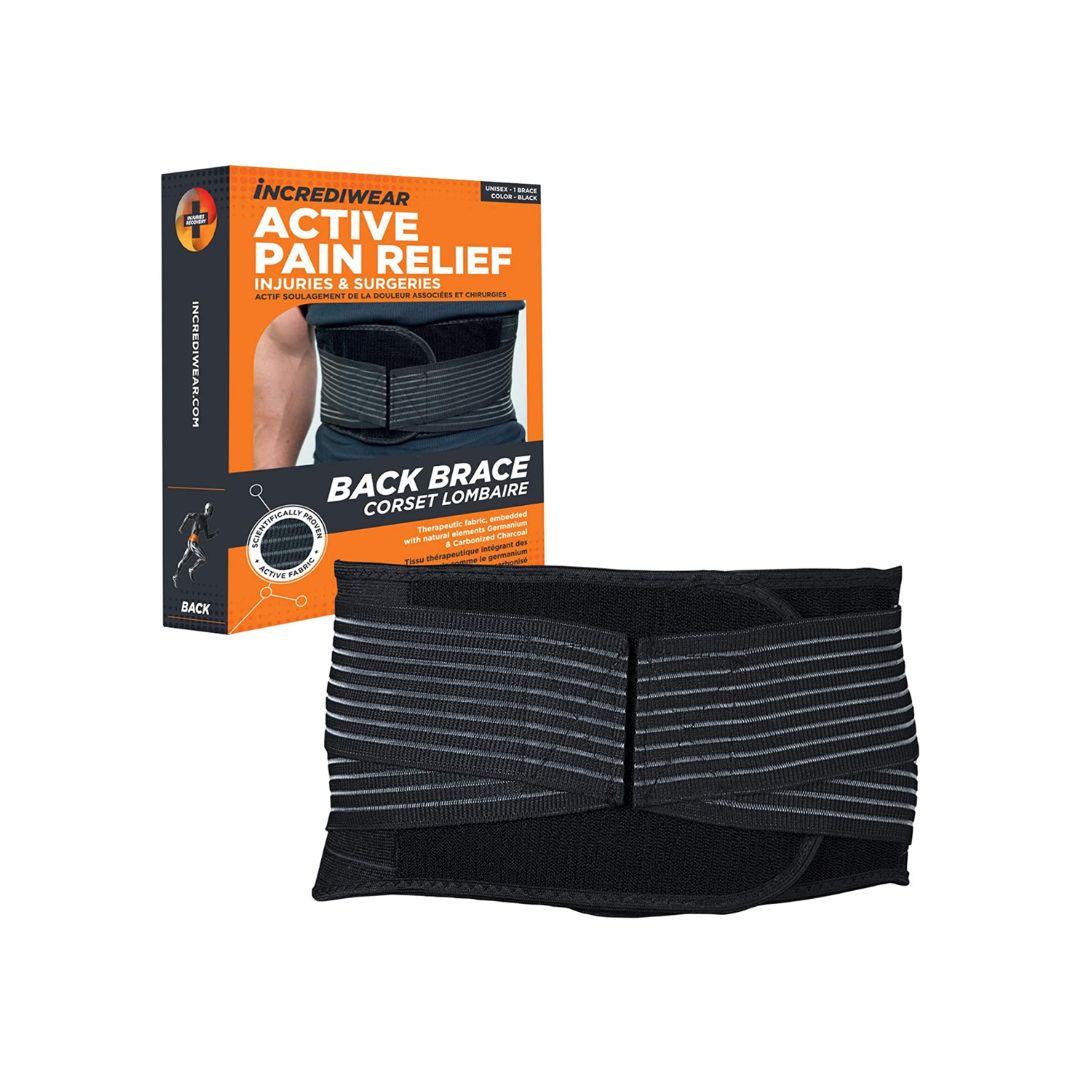 A black back brace with gray elastic stripes shown in front of its orange and black retail box on a plain white background.