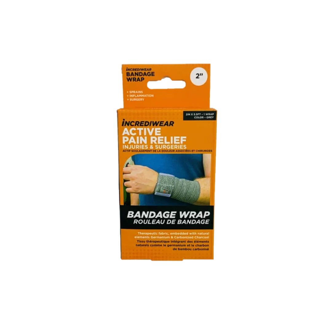 Incrediwear Active Pain Relief bandage wrap in its retail packaging, featuring an orange and black box with a demonstration photo of the gray wrap on a wrist.