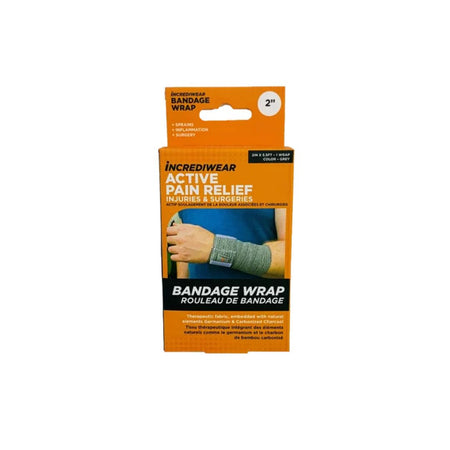 Incrediwear Active Pain Relief bandage wrap in its retail packaging, featuring an orange and black box with a demonstration photo of the gray wrap on a wrist.