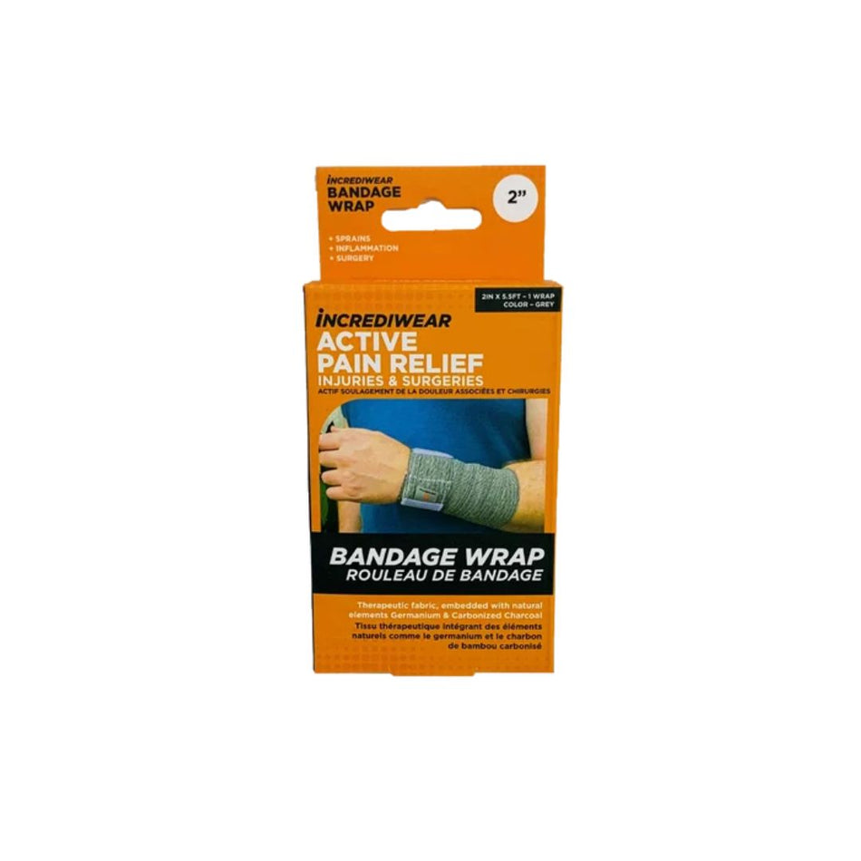 Incrediwear Active Pain Relief bandage wrap in its retail packaging, featuring an orange and black box with a demonstration photo of the gray wrap on a wrist.