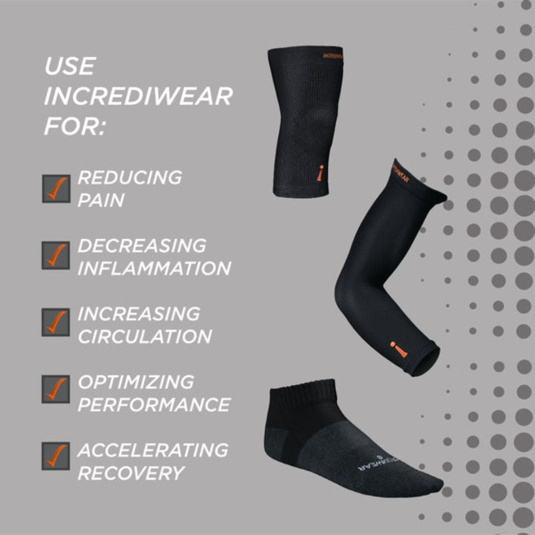 Black compression sleeves with text on a gray background