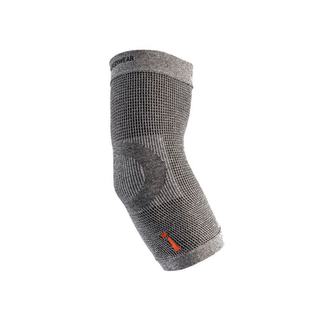A gray knit knee support brace with a textured grid pattern, featuring a darker gray compression zone on the inner side and a small orange logo near the bottom cuff. The brand name 'INCREDIWEAR' is visible at the top collar.