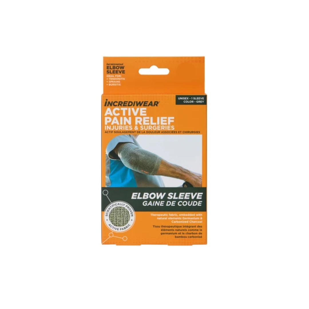 Incrediwear Active Pain Relief Elbow Sleeve packaging, featuring an orange and black box with a demonstration photo of the sleeve on an arm.