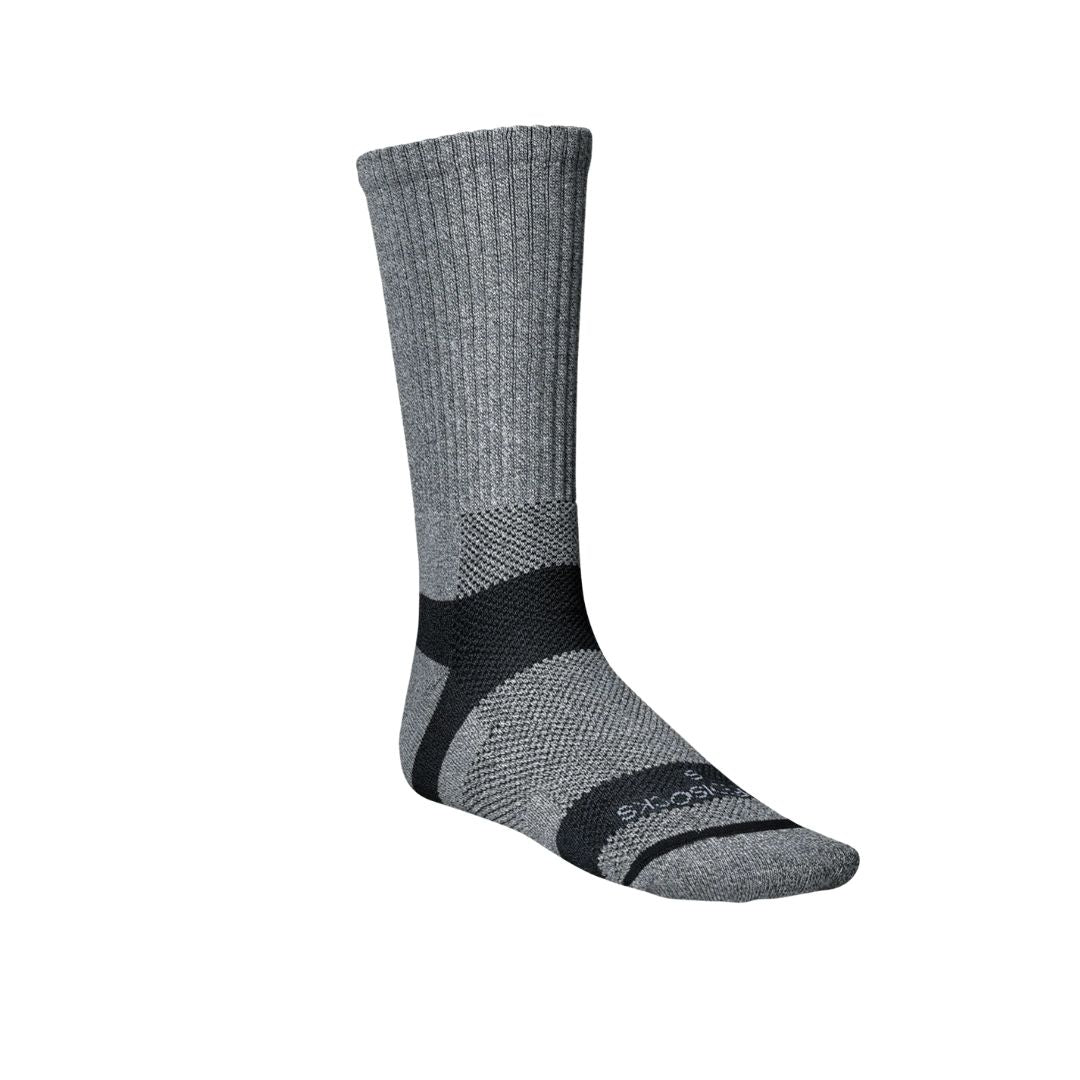 A single crew-length athletic sock in heather gray with black compression-style panels, shown on a plain white background. The brand name 'Skechers' is visible near the toe.