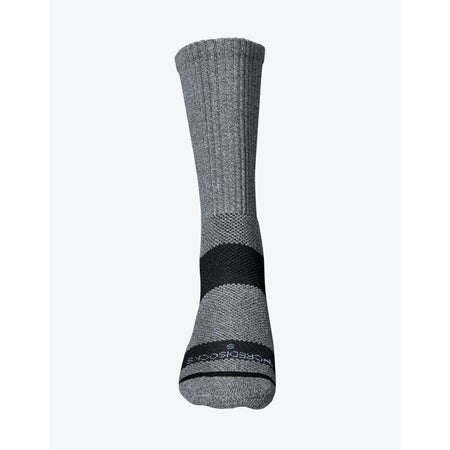 A single crew sock shown from the side against a plain white background. The sock features a ribbed gray upper, a black midfoot support band, and a gray toe with a black brand stripe