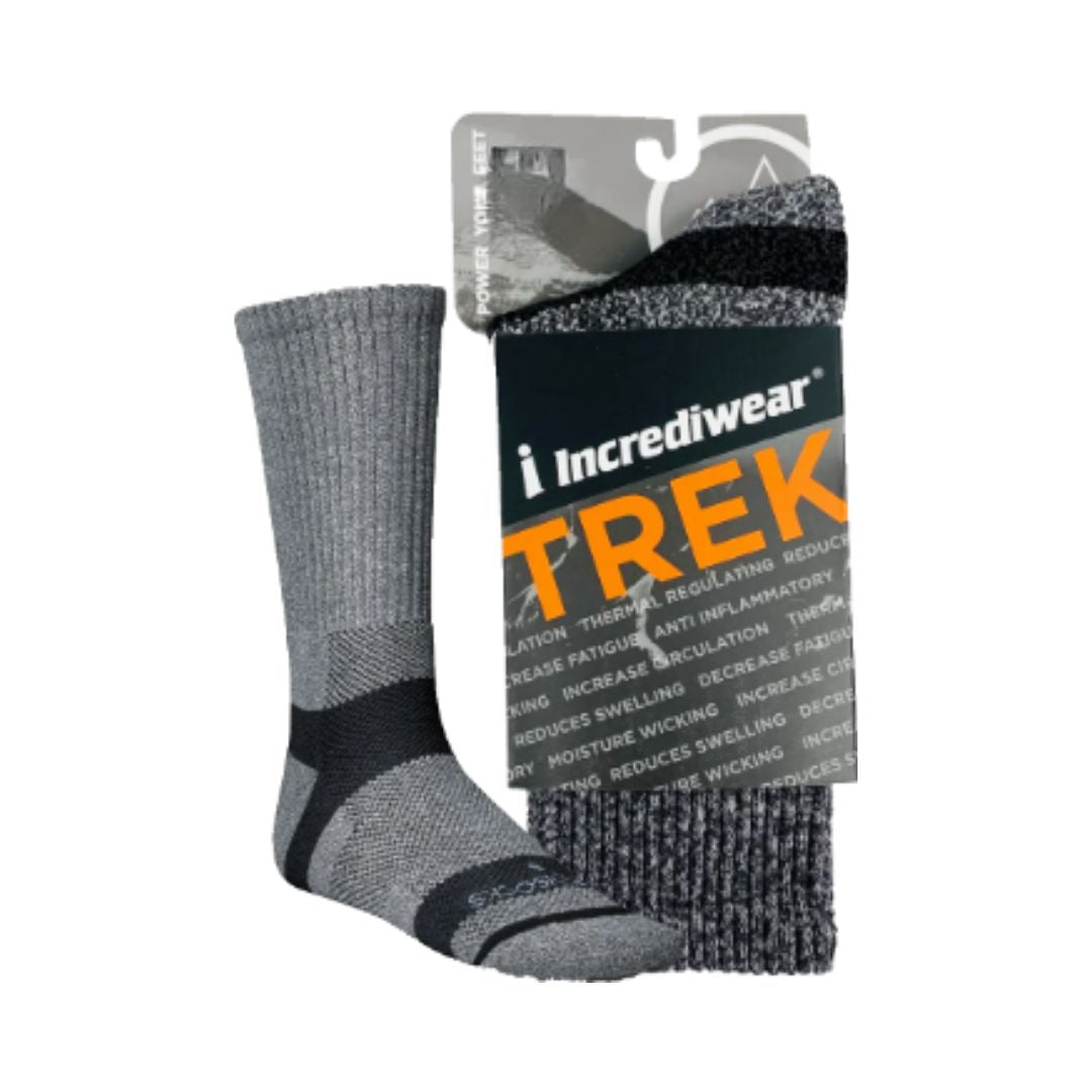 A pair of gray and black hiking socks by Incrediwear Trek, shown with their retail packaging card against a plain white background.