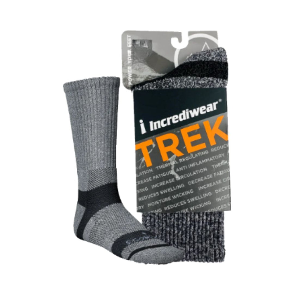 A pair of gray and black hiking socks by Incrediwear Trek, shown with their retail packaging card against a plain white background.