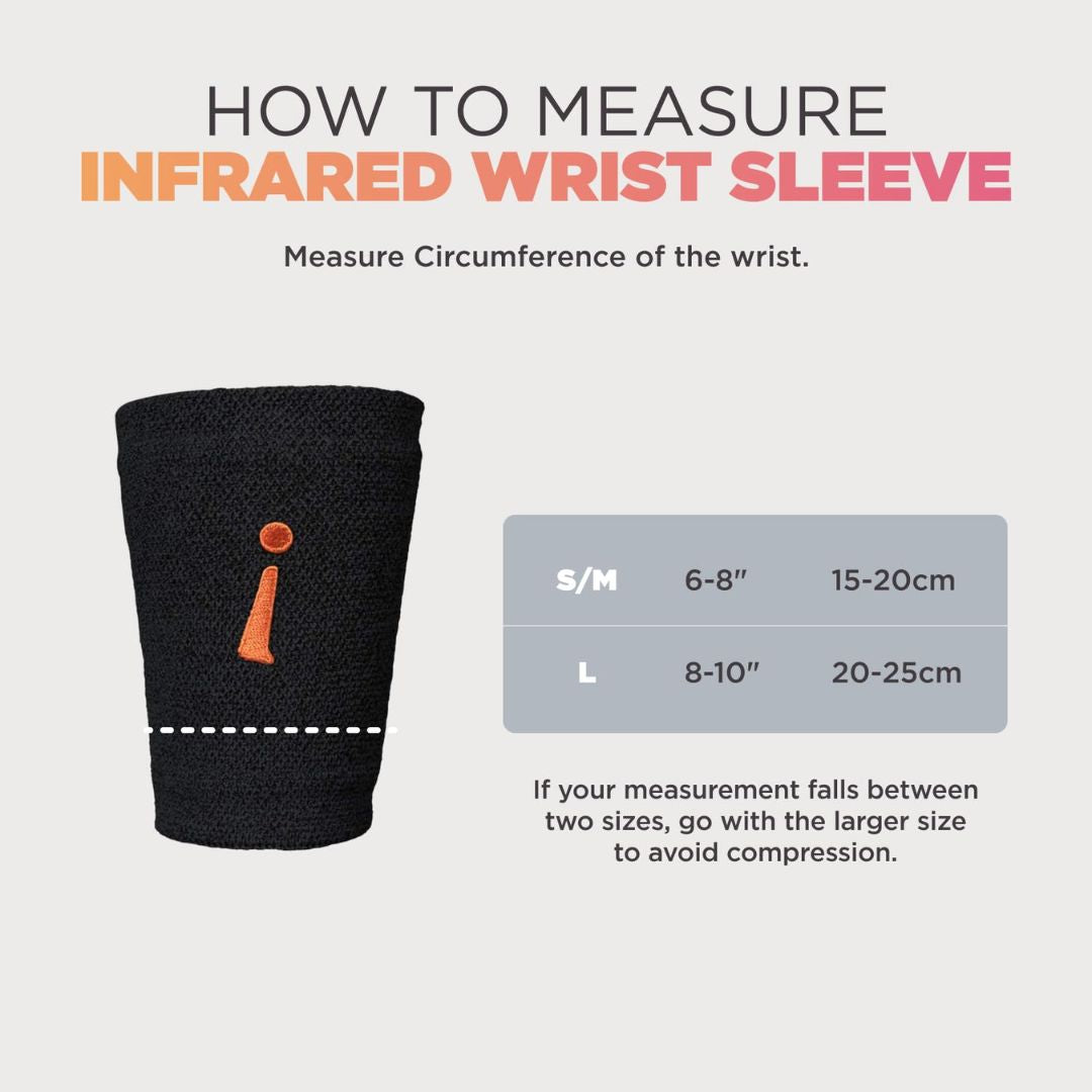 Instruction graphic for measuring an infrared wrist sleeve, showing a black sleeve with an orange logo, a size chart table, and text instructions on how to measure wrist circumference.