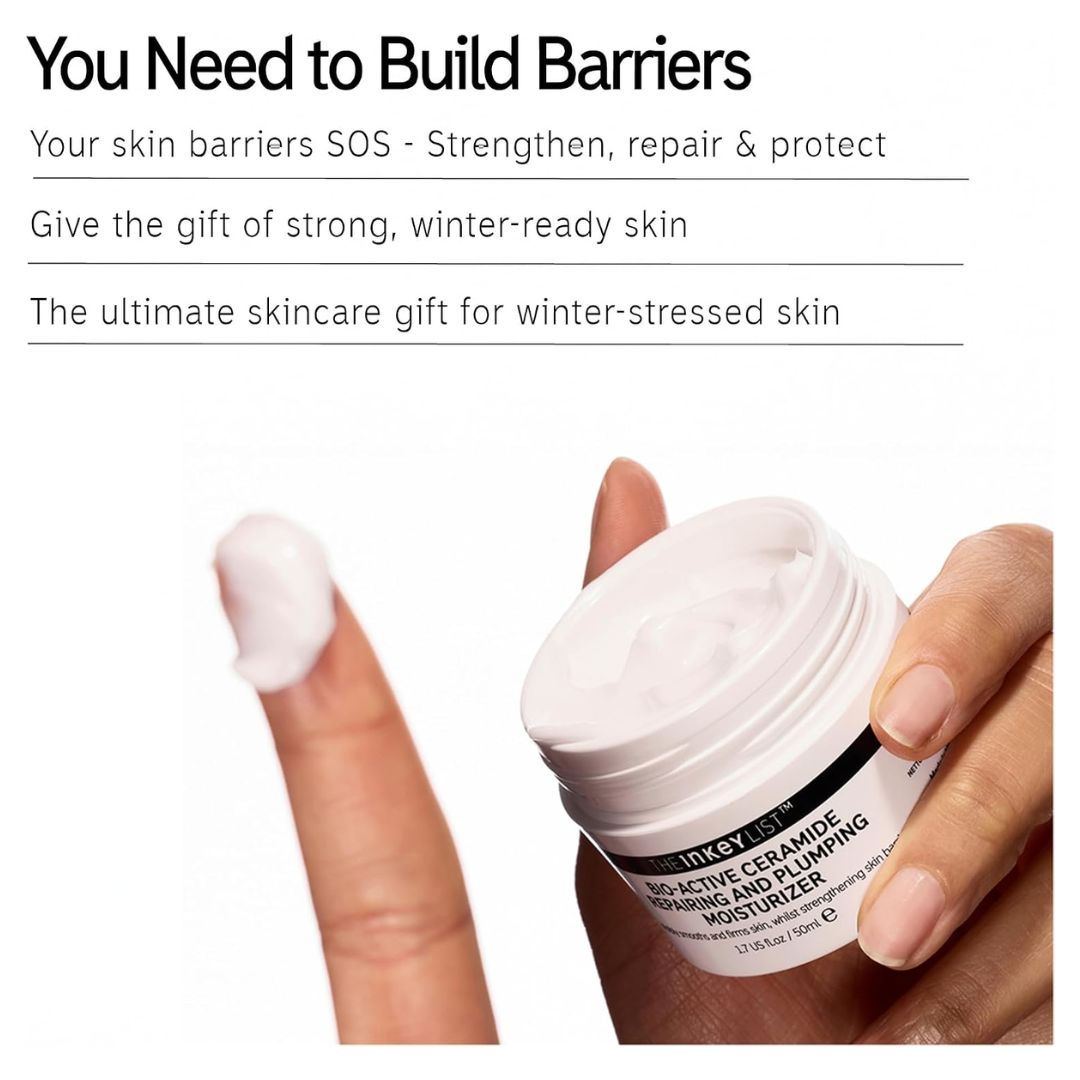 The Inkey List Build Barriers Giftset - product information graphic on an image of a hand holding the plumping moisturiser