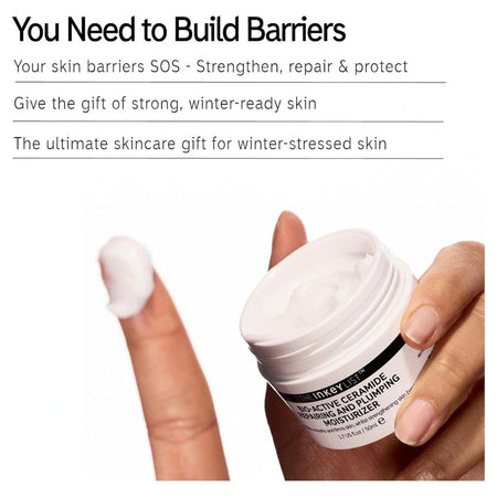 The Inkey List Build Barriers Giftset - product information graphic on an image of a hand holding the plumping moisturiser