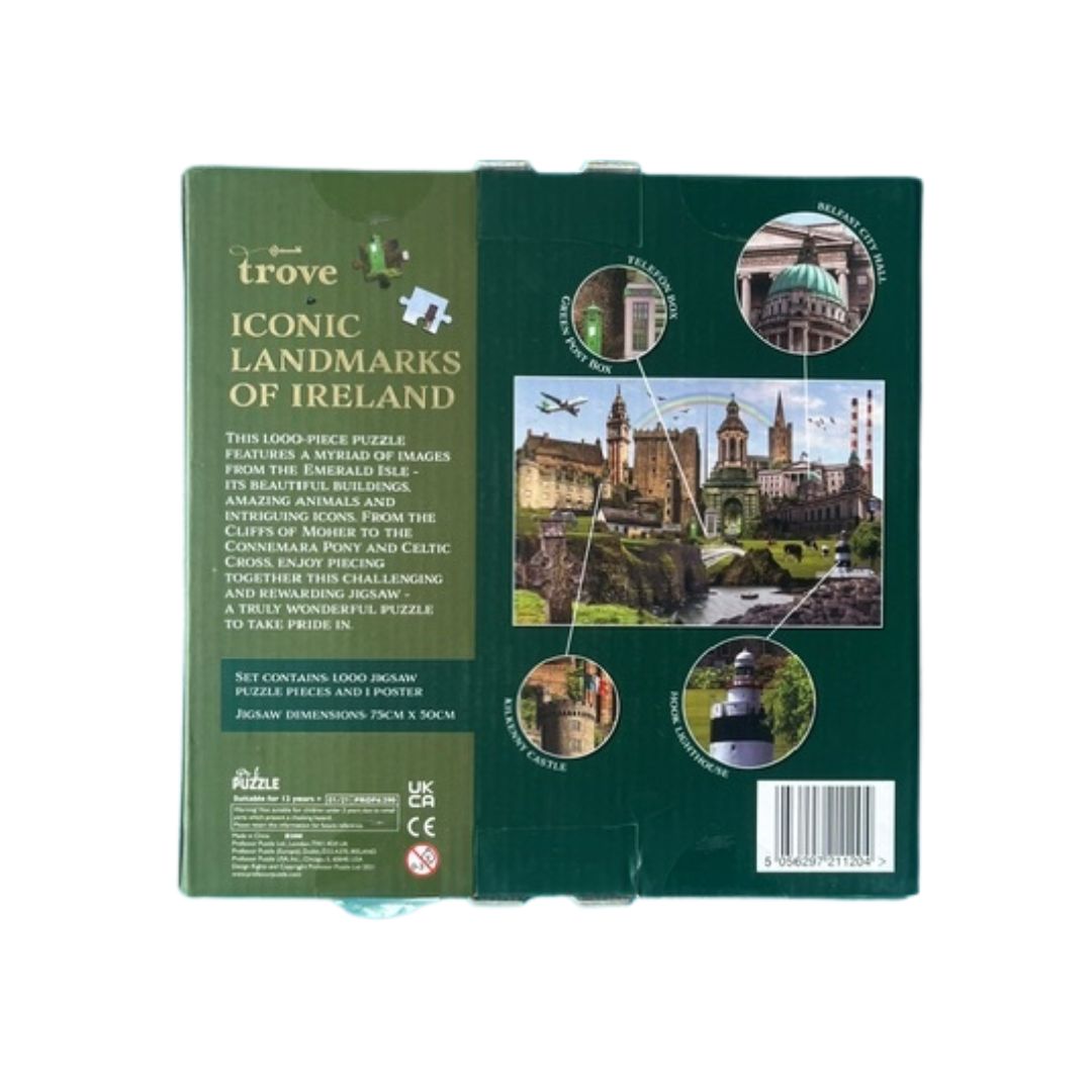 Trove brand 'Iconic Landmarks of Ireland' wooden puzzle box, showing the back cover with product details, brand logo, and a central collage of iconic Irish landmarks.