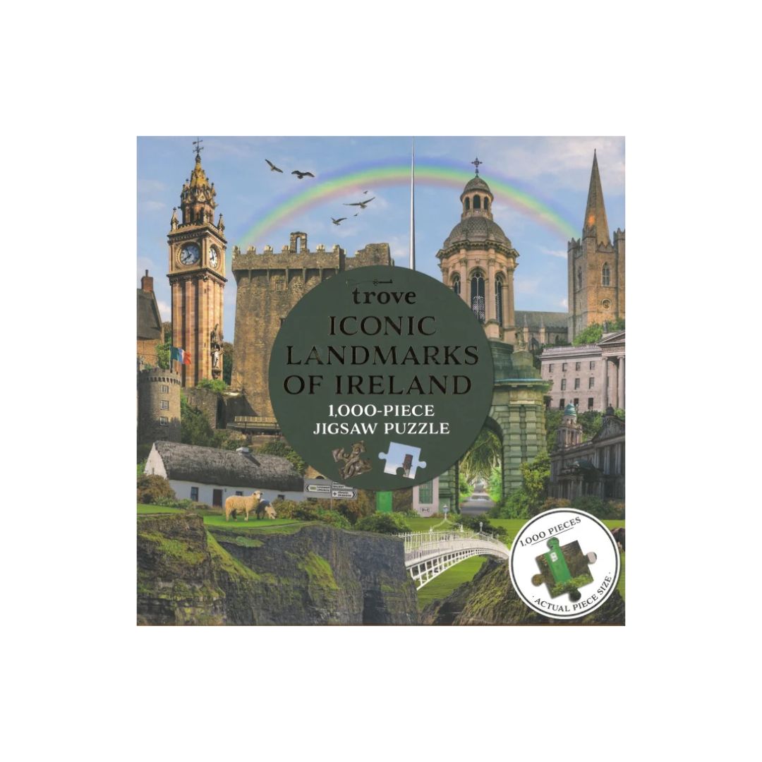 Trove Iconic Landmarks of Ireland 1000-piece jigsaw puzzle box, featuring a colorful collage of Irish landmarks like the Cliffs of Moher, St. Patrick's Cathedral in Dublin, and a rainbow, with a green oval logo overlay and a circular 'Longest Running Jigsaw Club' badge.