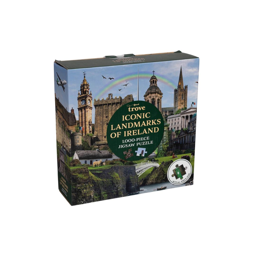 A 1000-piece jigsaw puzzle box titled 'tróúve ICONIC LANDMARKS OF IRELAND'. The box features a colorful scenic illustration of Dublin landmarks like St.