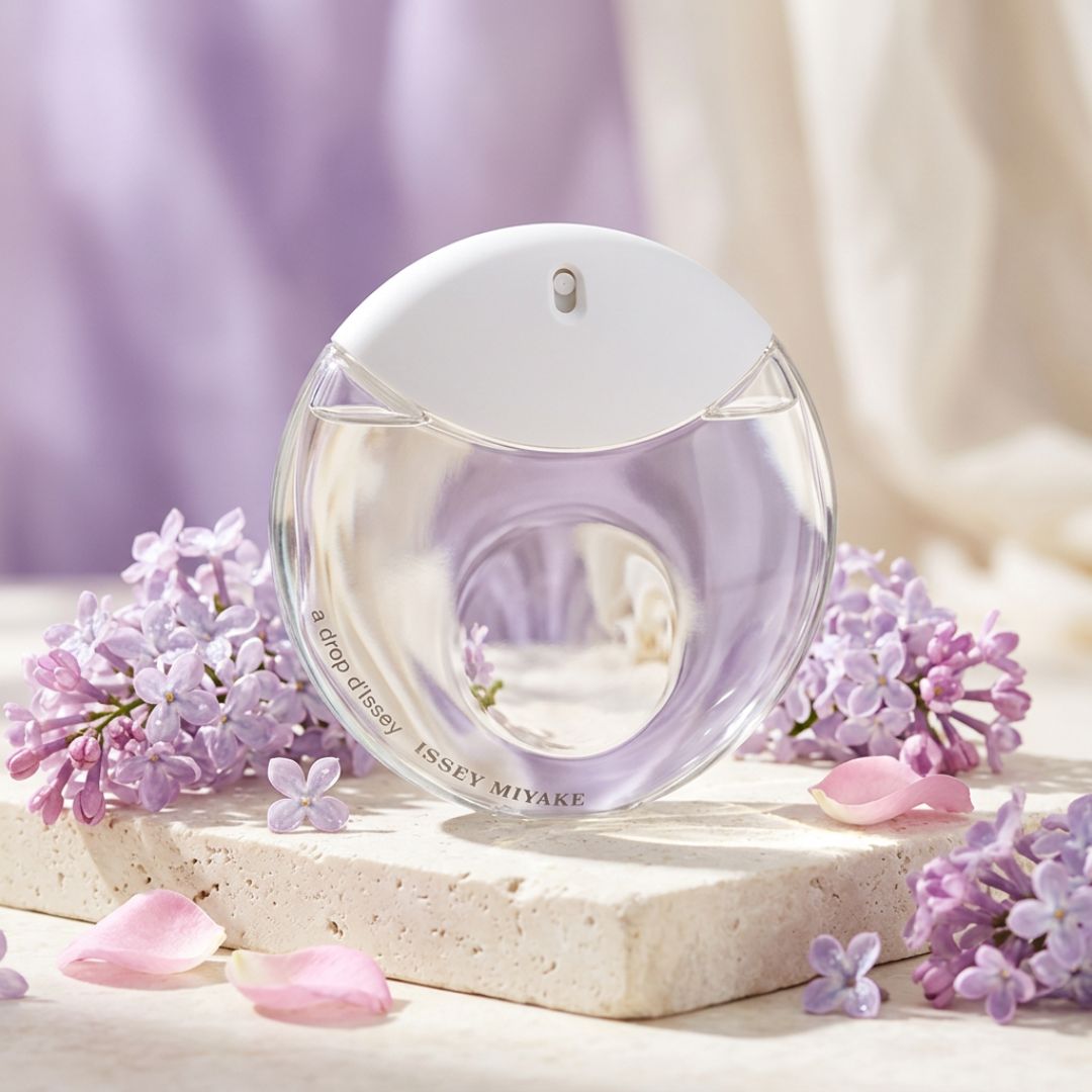 Issey Miyake A Drop d’Issey Eau de Parfum 50ml on a stone countertop with flowers around it