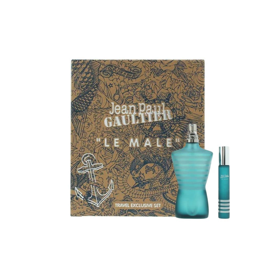 Jean Paul Gaultier Le Male Travel Exclusive Set and contents on a white background