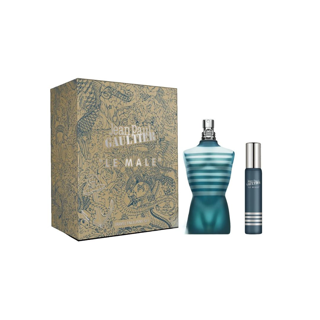 Jean Paul Gaultier Le Male Travel Exclusive Set packaging and contents on a white background