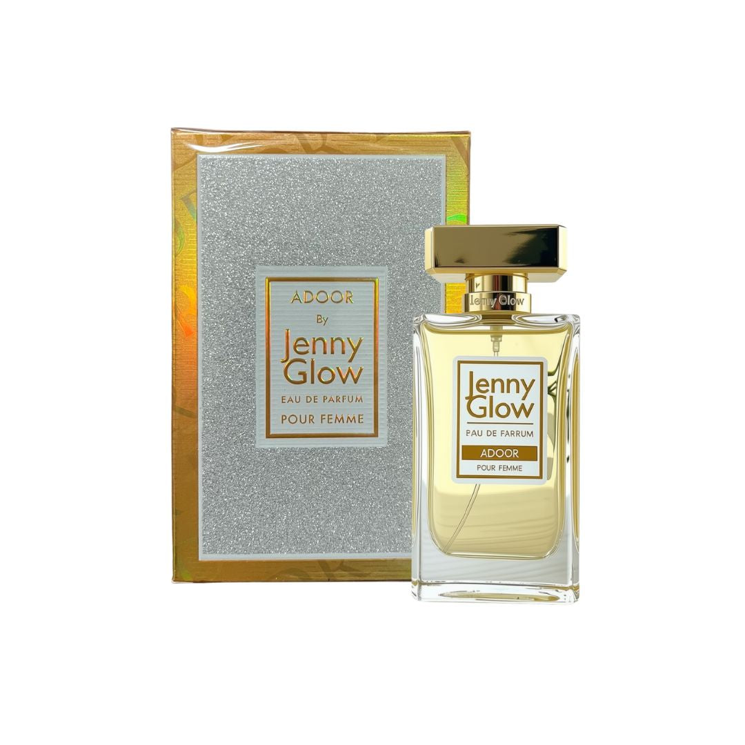 Jenny Glow Adoor Eau de Parfum Pour Femme 80ml bottle and packaging on a white background